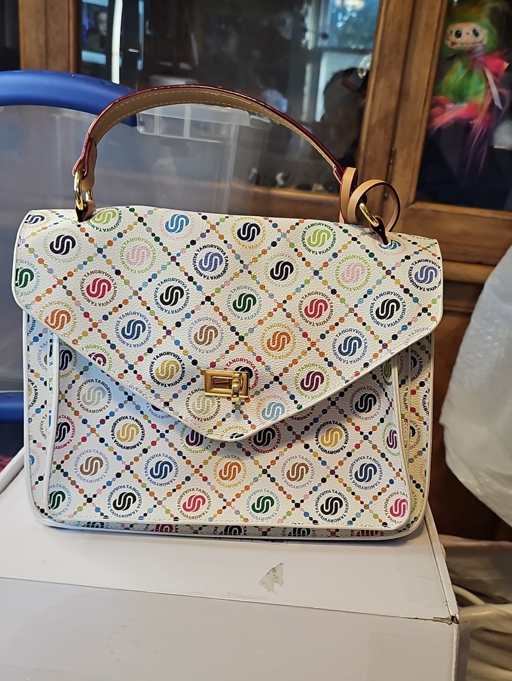 Multicolor Logo-Print White Top-Handle Satchel